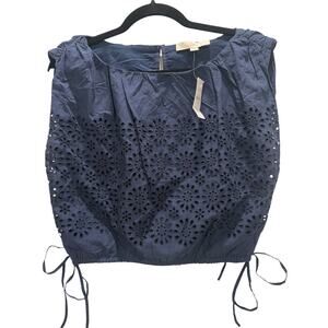 NWT LOFT Eyelet Side Tie Pleated Bubble Top - Navy Blue - XS
